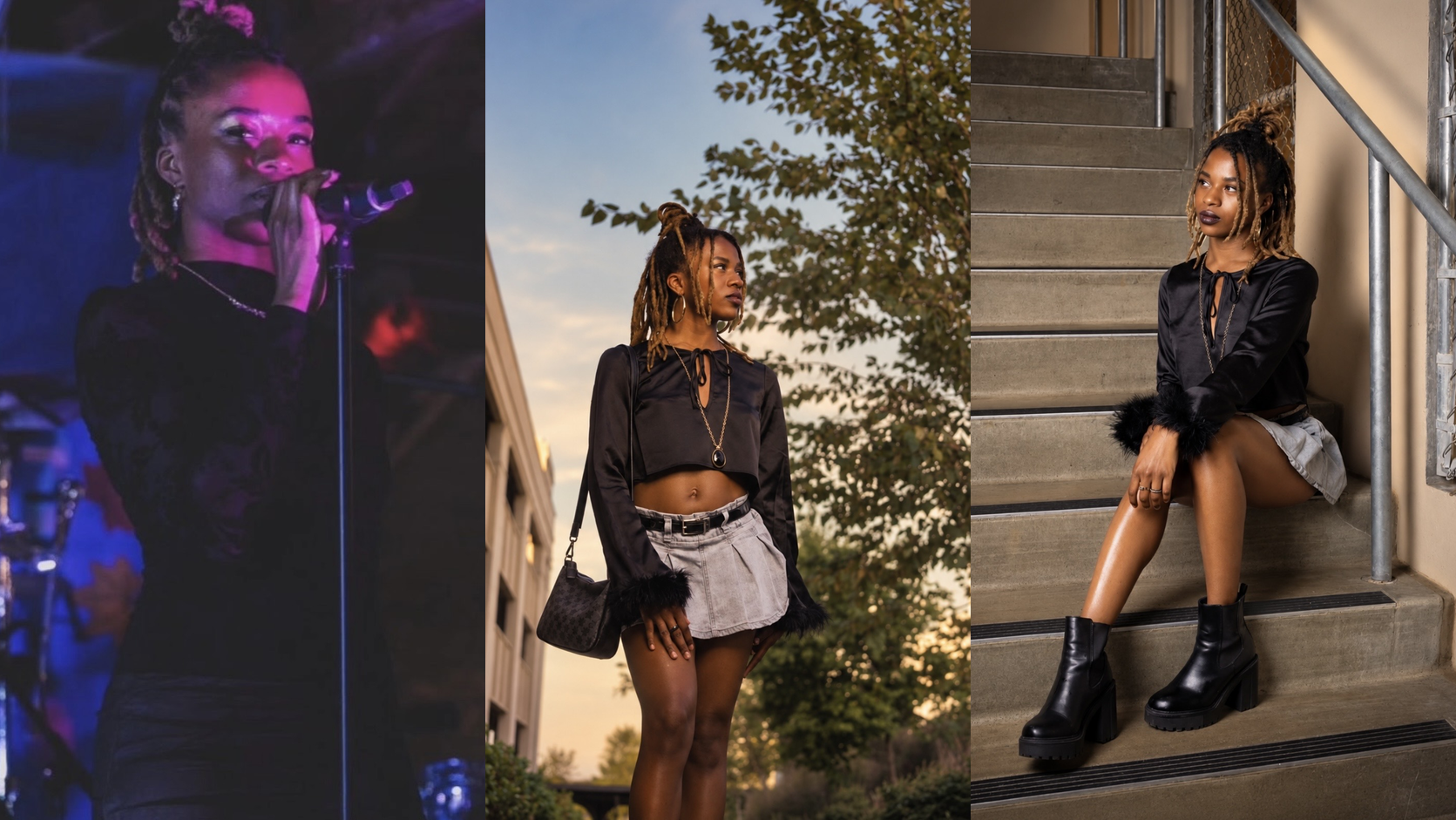Jocelyn Lee performing and posing in three settings