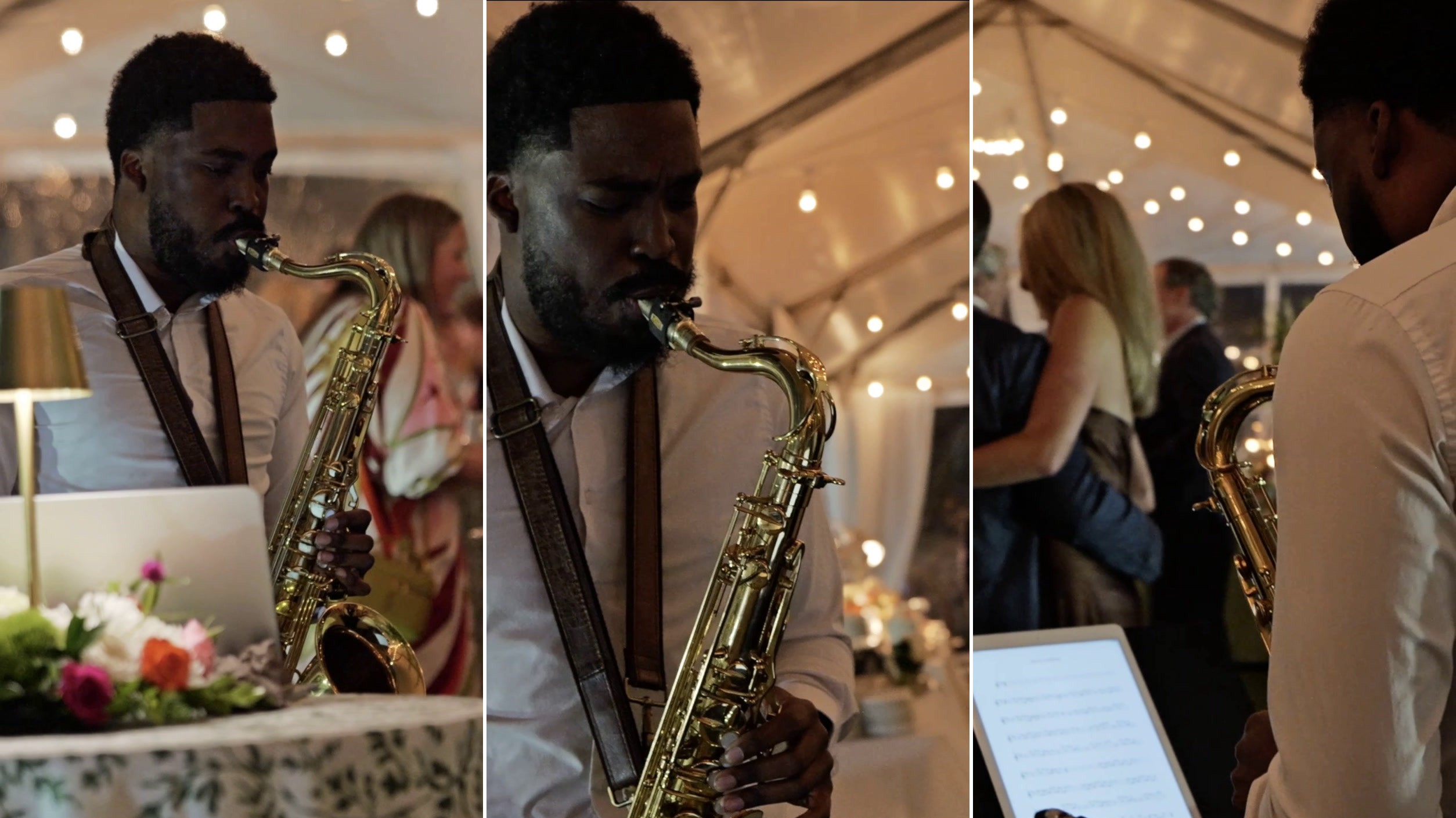 Jordon Crichlow playing tenor saxophone at a tented wedding reception