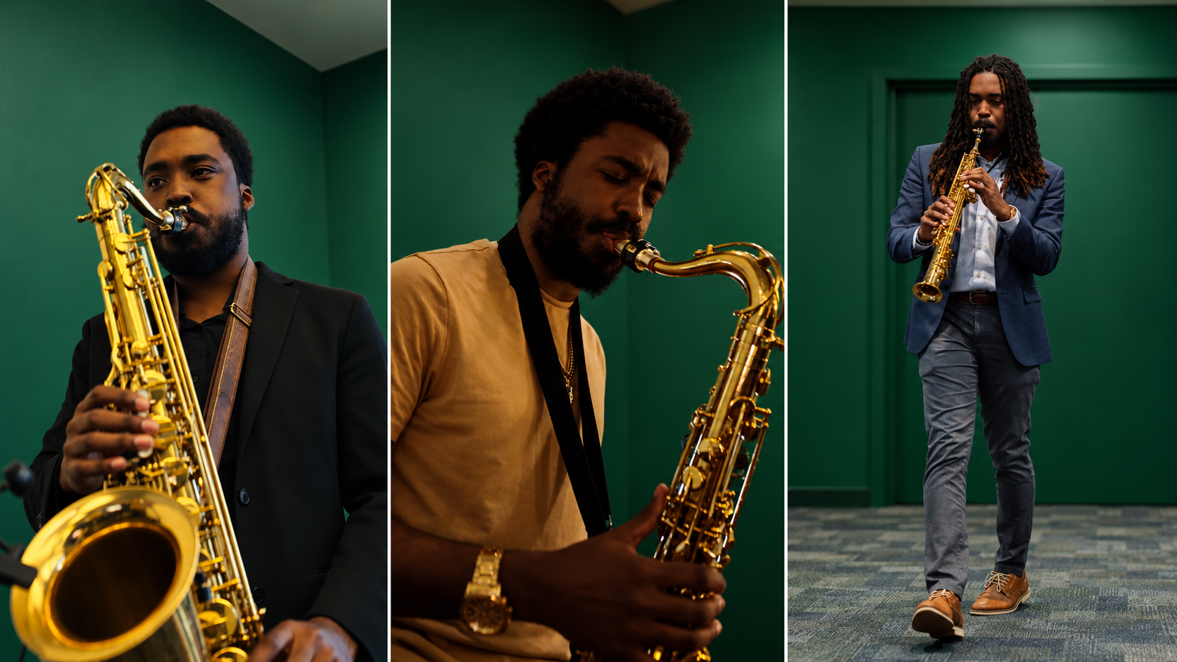 Jordon Crichlow performing on saxophone in three settings
